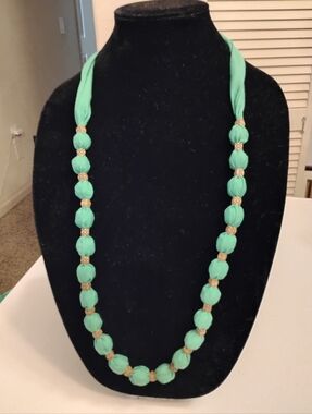 Mint Green Fabric Bead Necklace by Geniplace Long Can Be Tied Shorter Handmade